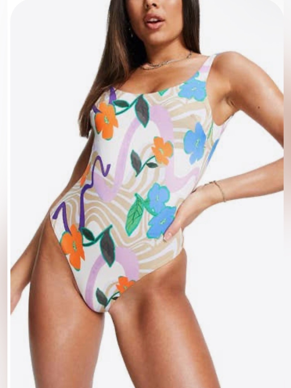 ASOS Design Floral Abstract One-Piece Swimsuit in Beige, Blue & Orange